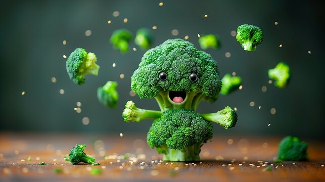 Animated broccoli character juggling fresh vegetables playful expression