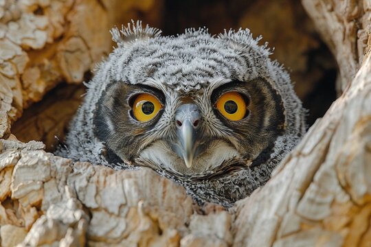 Baby owl peeking out from its nest big eyes gleaming at twilight 