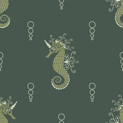 Seamless vector pattern with seahorse on green background. Simple artistic fantasy animal wallpaper design. Decorative sea unicorn fashion textile.