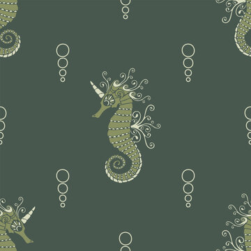 Seamless vector pattern with seahorse on green background. Simple artistic fantasy animal wallpaper design. Decorative sea unicorn fashion textile.