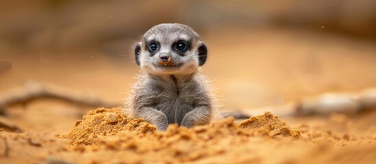 A baby meerkat is perched atop a mound of dirt, looking around curiously in its natural habitat. - obrazy, fototapety, plakaty