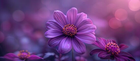 A vibrant purple flower is captured in close-up, standing out against a softly blurred background.