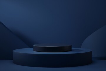 Fototapeta premium This product branding shot shows a cylindrical platform against a dark blue background. Realistic with natural light to create contrast