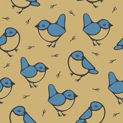 Seamless vector pattern with bluebirds on yellow background. Simple cute tomtit wallpaper design. Decorative bird fashion textile.