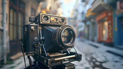 A retro-style camera capturing vintage street scenes