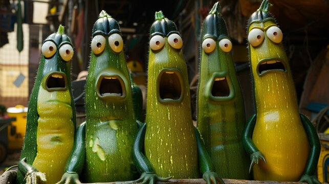 Zany zucchini riding a bicycle whimsical veggie street fair background 