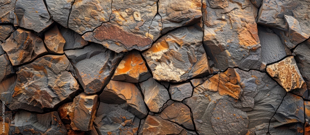 Poster a close-up view of a rock wall made of various sized rocks. the wall shows layers of rocks, some smo