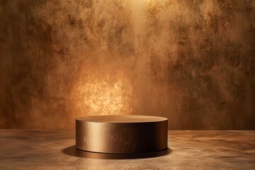 This product branding shot shows a cylindrical platform against a dark gold background. Realistic with natural light to create contrast - obrazy, fototapety, plakaty