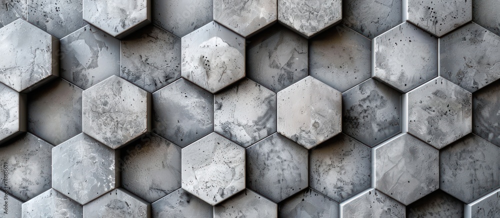 Poster a close-up view of a wall constructed using hexagonal tiles, creating a visually striking geometric 