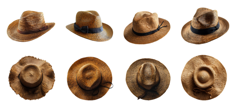 straw hat set png. set of straw hats png. straw hat PNG. Straw hat with a bow isolated. Straw hat top view PNG. Straw hat flat lay isolated. Hat for protection against the sun during summer time