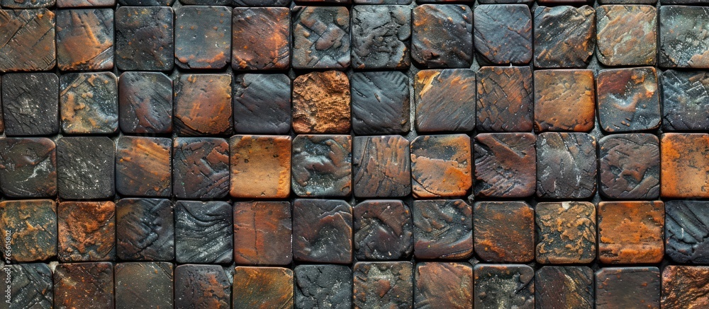 Poster close-up view of a brick wall displaying a variety of colors, showcasing the intricate patterns and 