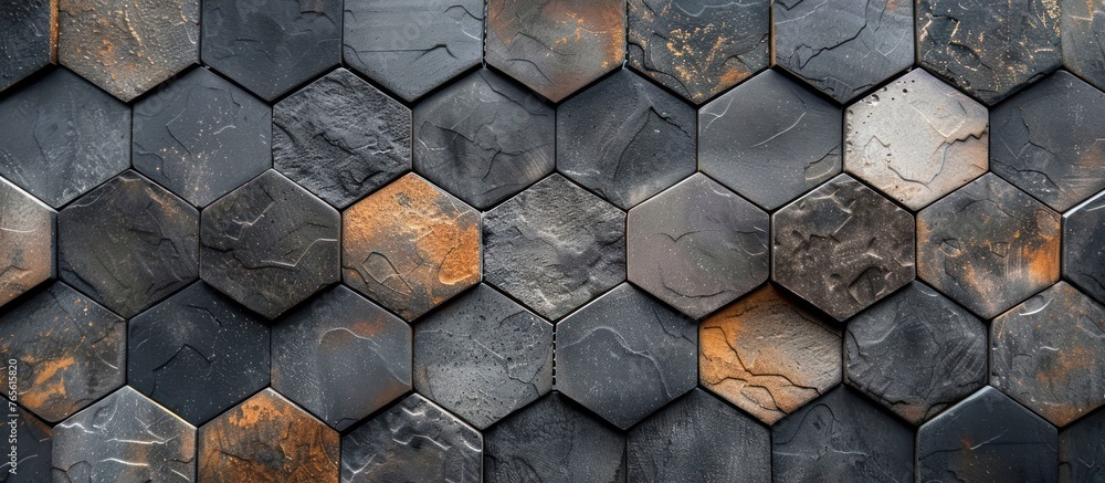 Aufkleber close-up of a wall constructed with hexagonal tiles showing signs of rust and weathering.