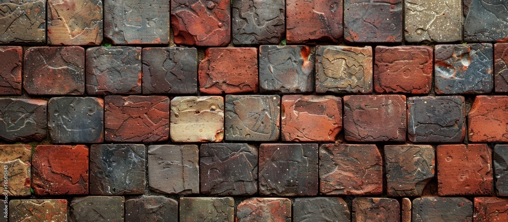 Poster a close-up view of a brick wall constructed with bricks of various colors, creating a unique and eye
