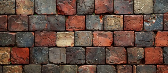 A close-up view of a brick wall constructed with bricks of various colors, creating a unique and eye-catching pattern.