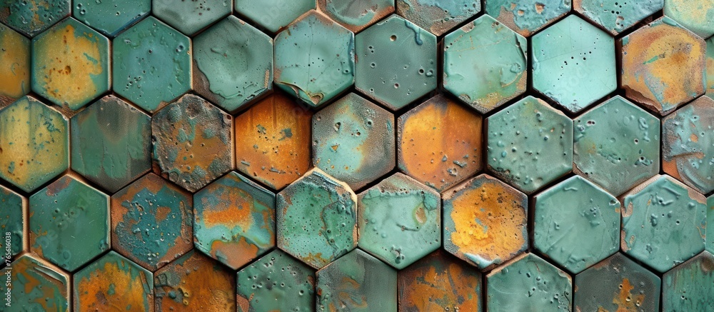 Poster detailed view of a wall constructed from hexagonal tiles, showcasing the intricate geometric pattern