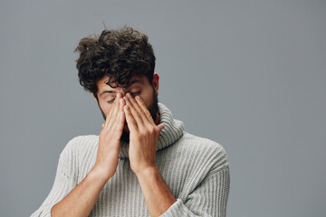 Man hand male face emotion background guy portrait adult person young expression