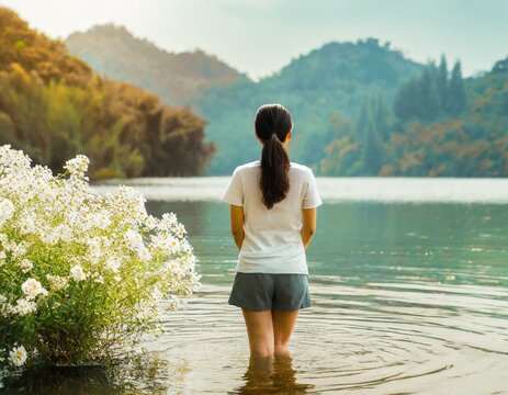 白い花が咲く湖を眺める女性の後ろ姿
