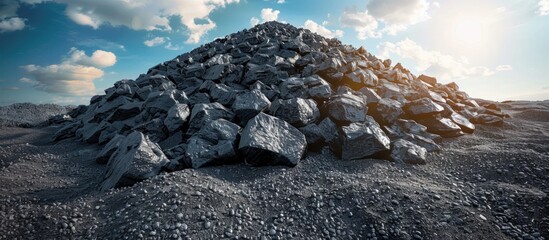 A pile of black coal neatly on top of a dusty dirt field. vary in size and shape, creating an interesting visual contrast with the barren landscape. - obrazy, fototapety, plakaty