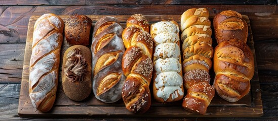 A rustic wooden cutting board covered with a variety of freshly baked bread, ranging from baguettes to sourdough loaves.