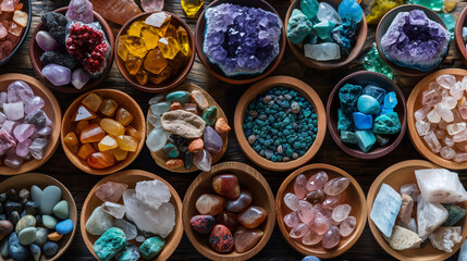 Assorted Gemstone Bowls, Colorful Crystal Collection, Mineral Variety Display