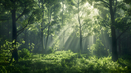 A serene forest scene with sunbeams filtering through trees