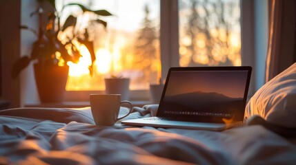 Ambiente domestico tranquillo con un laptop e una tazza di caffè, che rappresenta la comodità di lavorare da casa - obrazy, fototapety, plakaty