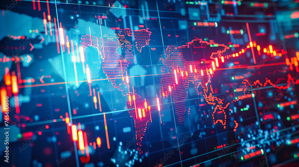 Poster global economic concept with a stock exchange graph overlaying a world map, symbolizing internationa