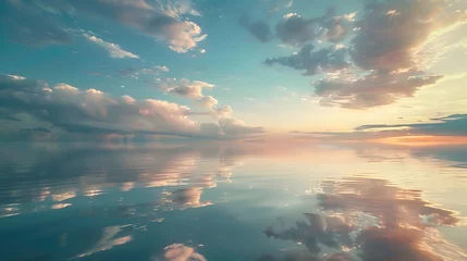 Afwasbaar Fotobehang Reflectie A serene lake reflecting a cloud-streaked sky at dusk