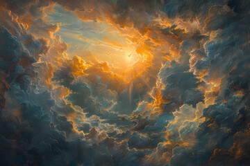 a painting of a cloudy sky with the sun shining through the clouds