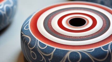 Seating area features curling stones with distinctive patterns and colors, each uniquely assigned for practice and competition in the sport.
