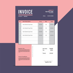 Purple and pink Business invoice form template. Invoicing quotes, money bills or price invoices and payment agreement design templates. Tax form, bill graphic or payment receipt page vector set
