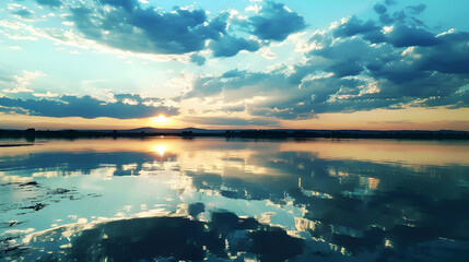 A serene lake reflecting a cloud-streaked sky at dusk