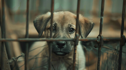 A Lonely Puppy Behind Bars In A Cage Awaiting a Loving Home. Pet Adoption And Animal Rescue