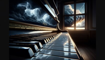 A close-up image of piano keys with a reflection of a dramatic stormy sky seen through a nearby window.