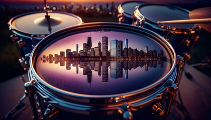 An image showcasing a set of drums with the city skyline at twilight reflected on the drumheads.