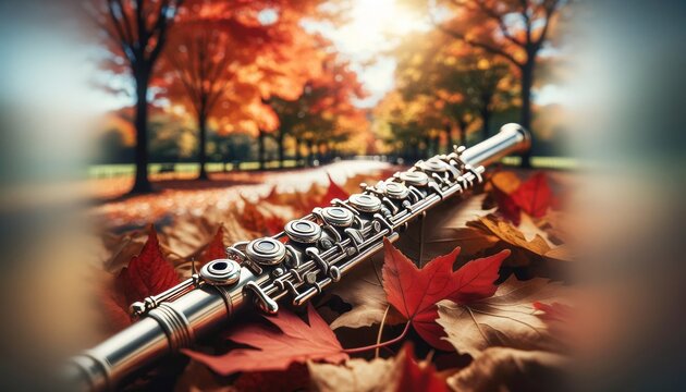 A detailed image of a flute positioned against a backdrop of falling autumn leaves in a park.