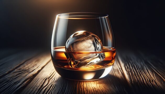 A close-up image of a sophisticated amber whiskey glass with a single large ice sphere inside.