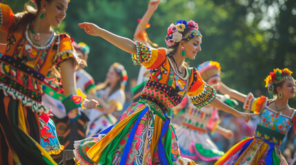 Vibrant traditional female dancers in colorful costumes performing at cultural festival - obrazy, fototapety, plakaty