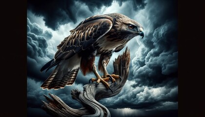 A majestic hawk gripping a gnarled branch, with the intense focus in its eyes, against a stormy sky. - obrazy, fototapety, plakaty