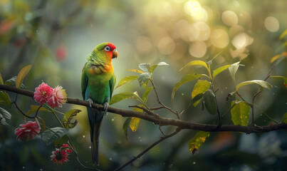 a parrot perched on the aesthetic branch in nature 