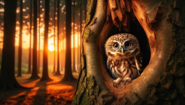 A curious owl peeking out from the hollow of a tree, with the soft glow of dusk surrounding it.
