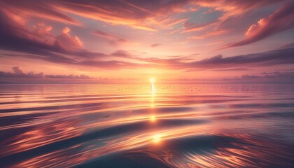 Depict a serene seascape at dawn, with soft pink skies reflecting off the calm waters, laced with golden sunlight. - obrazy, fototapety, plakaty