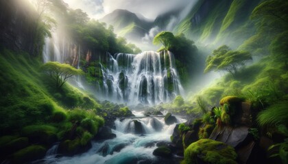 A waterfall cascading down a rocky cliffside, surrounded by lush greenery and shrouded partially by mist, with mountains in the soft-focus background. - obrazy, fototapety, plakaty