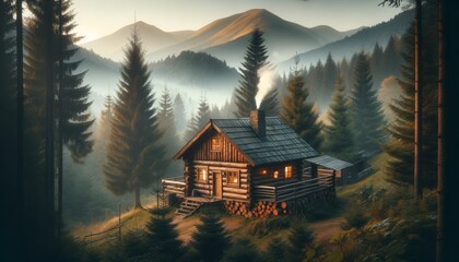 A rustic wooden cabin with smoke rising from the chimney, nestled among the trees with a backdrop of misty mountain layers. - obrazy, fototapety, plakaty