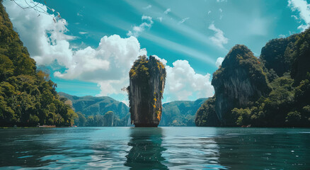 island in Phuket, Thailand with lush green mountains and turquoise water, showcasing the iconic...