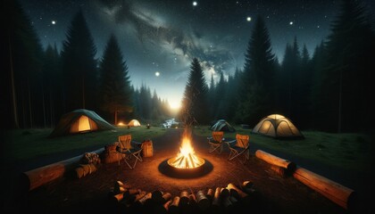 An image portraying a cozy campsite with a small, controlled fire, surrounded by a dense, dark forest under a clear, starlit sky.