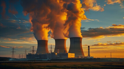 Le torri di raffreddamento di una centrale nucleare al tramonto - obrazy, fototapety, plakaty