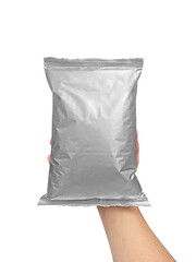 Foil food package mockup on hand, transparent background