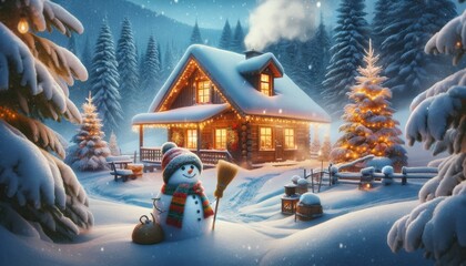 A picturesque winter scene depicting a cozy cabin nestled in a snow-covered forest. - obrazy, fototapety, plakaty