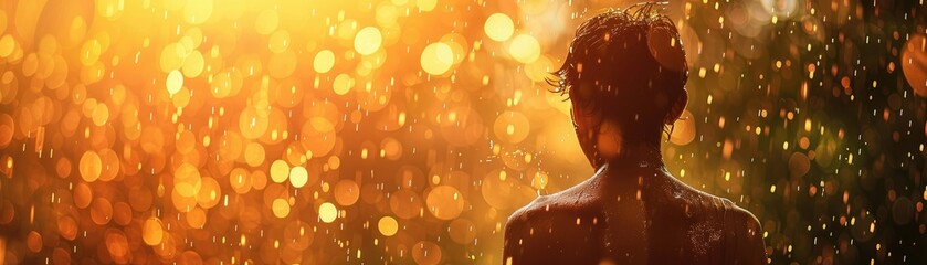 Woman enjoys rain shower at golden hour - A silhouette of a woman amidst a rain downpour, the golden sun creating a bokeh effect in the background